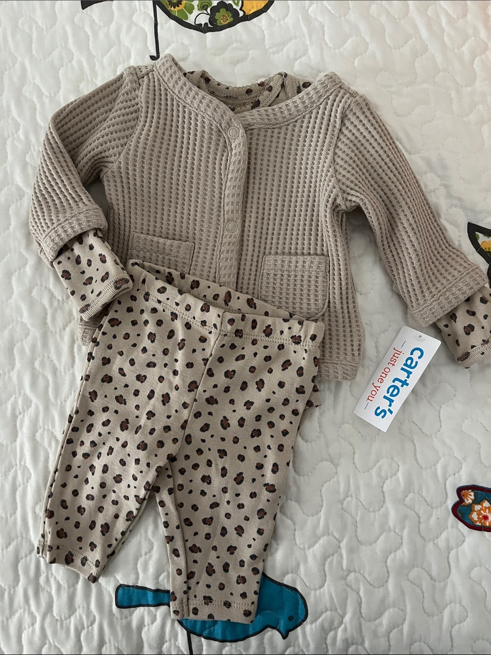 Carter's Beige Waffle Cardigan with Leopard Print Leggings and Onesie